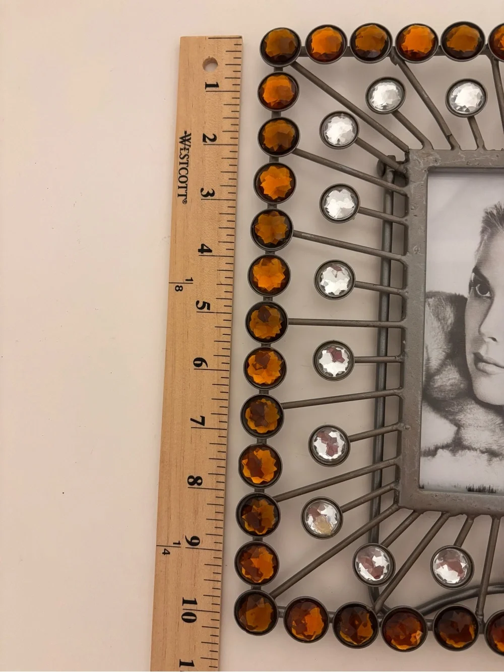 Silver Tone Jeweled Picture Frame Amber Clear “rhinestones” 4x6 Tabletop Decor